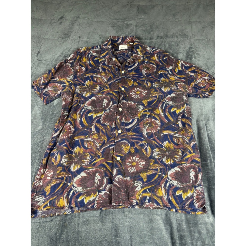 Murano Baird McNutt Linen Shirt Men Large Slim Fit Floral Short Sleeve Navy Blue